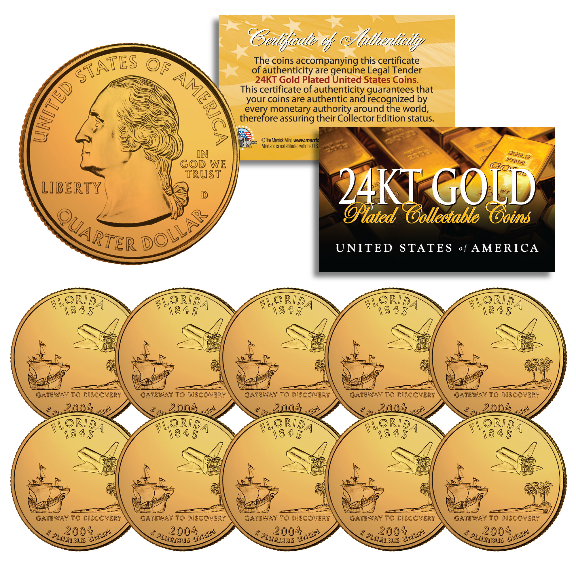 2004 Florida State Quarters U.S. Mint BU Coins 24K GOLD PLATED (LOT of